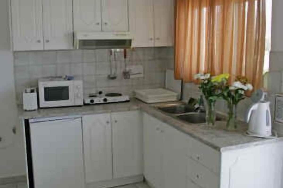 fridge, microwave, stovetop, electric kettle