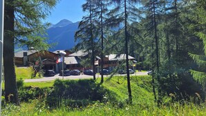 A lodge with a stone facade, surrounded by tall pine trees and a mountain backdrop. - Boscone Suite Hotel (Madesimo)