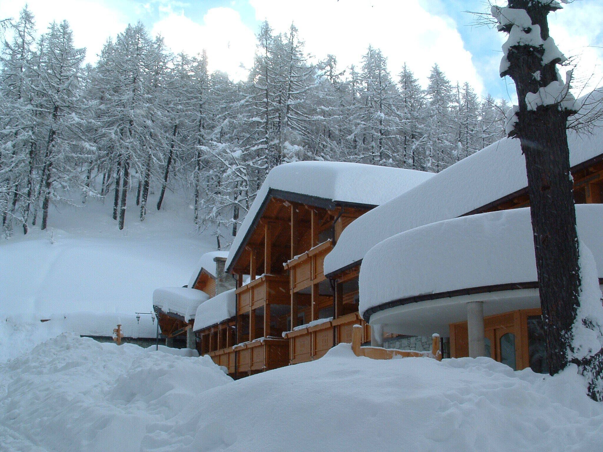Una cabaña de madera con varias habitaciones, rodeada de árboles cubiertos de nieve.