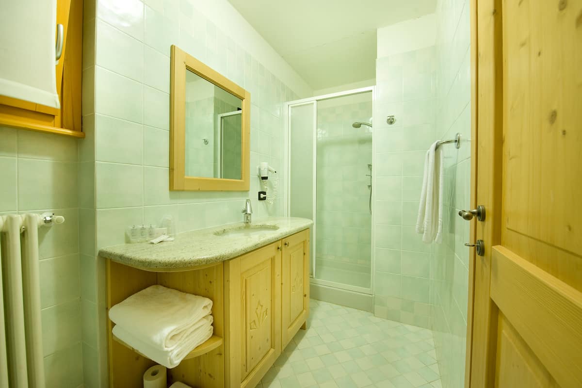 A bathroom with a sink, mirror, shower, and toilet.