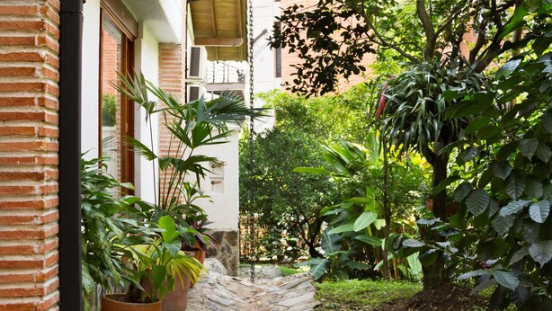 Un sendero de piedra que atraviesa un jardín exuberante con macetas y un edificio de ladrillo.