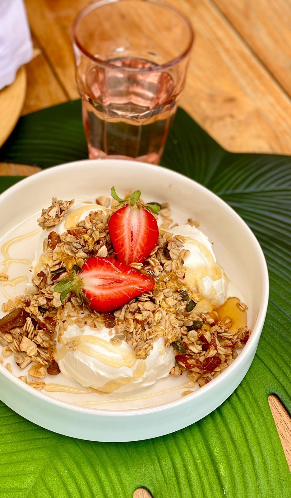 A bowl of yogurt topped with granola, strawberries, and a drizzle of syrup, placed on a green leaf.