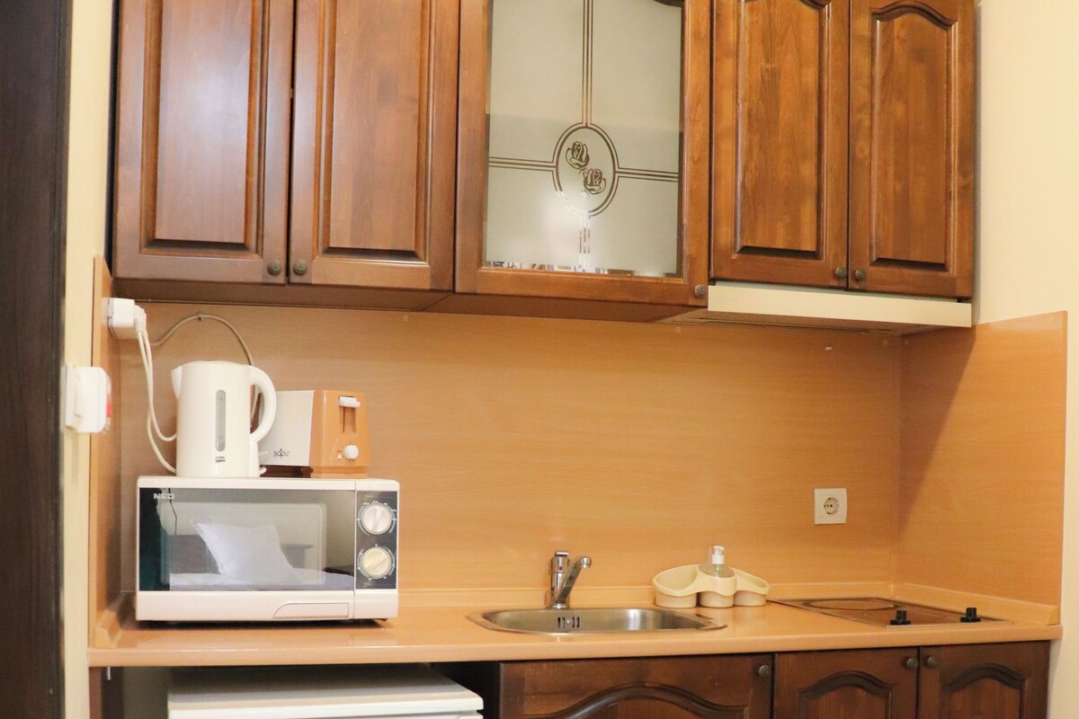 Une cuisine compacte avec des meubles en bois, un four à micro-ondes, un petit réfrigérateur et un évier.