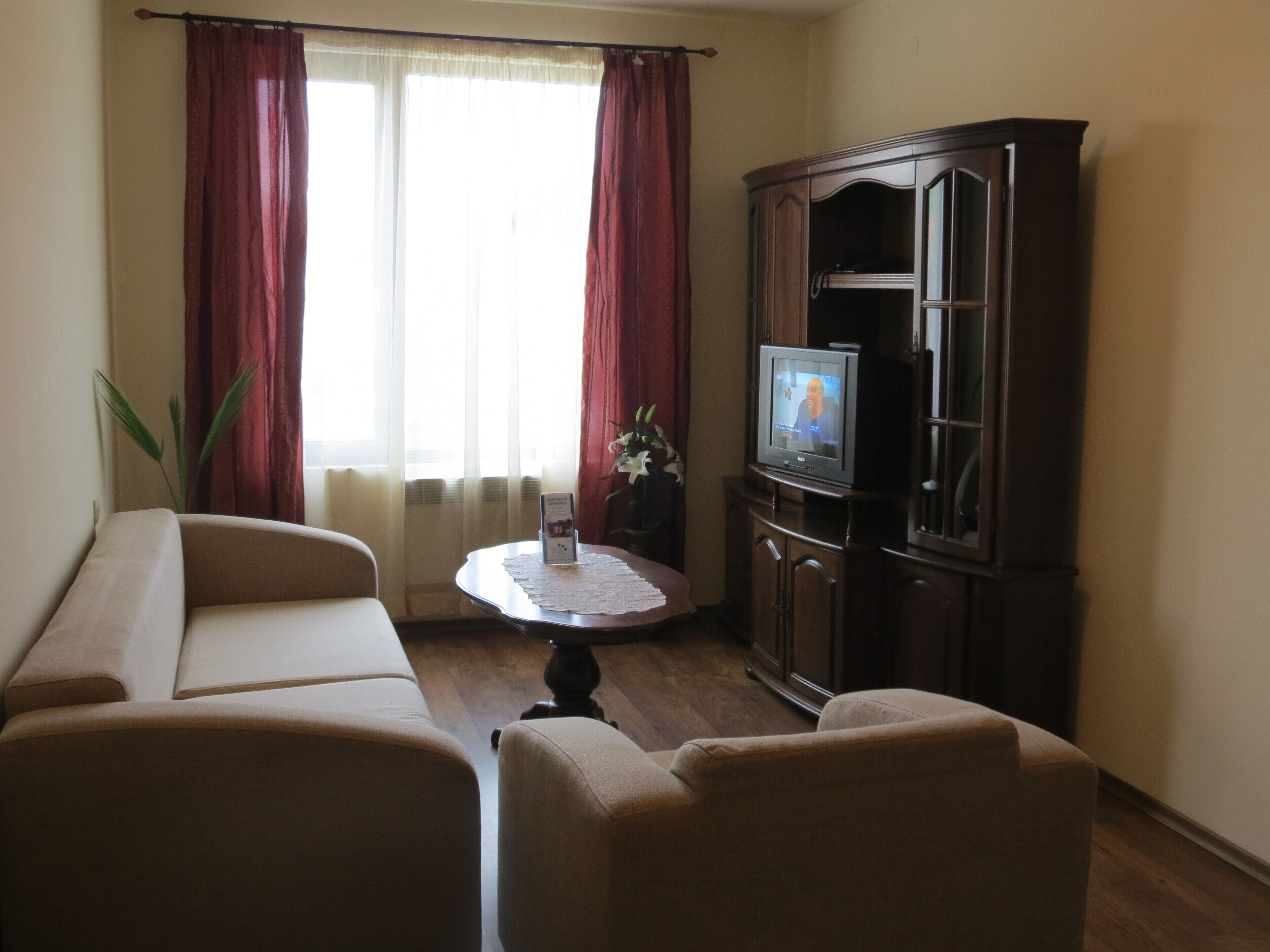 A living room with a sofa, a small table with a placemat, a television on a cabinet, and a window with curtains.