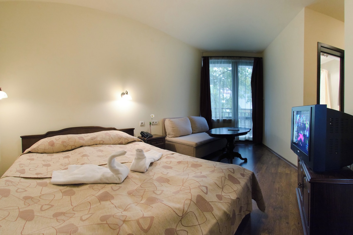 Una habitación de hotel con cama, sofá, una mesita, televisor y ventana con cortinas.