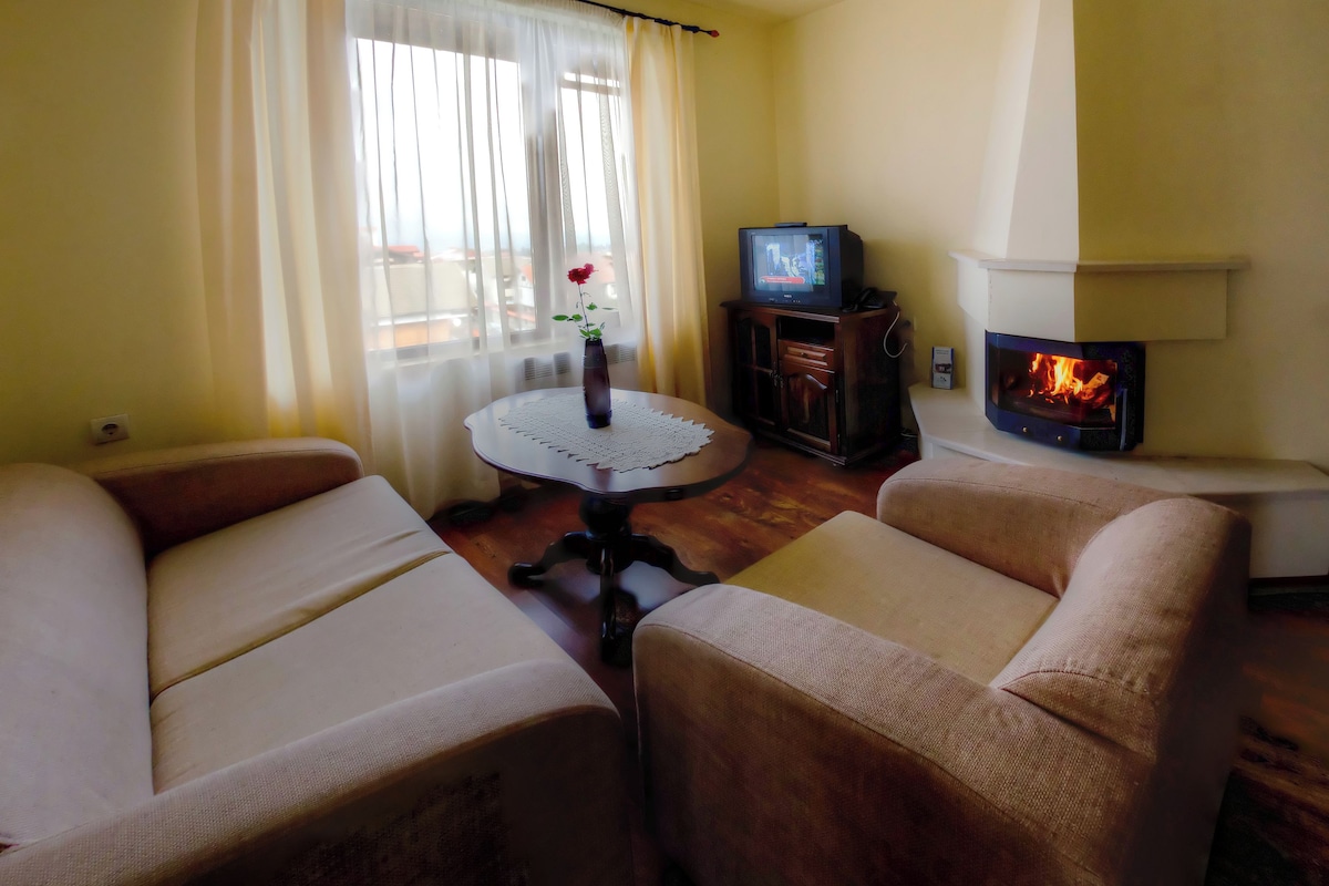 Una sala de estar con dos sofás color beige, una mesita redonda con un jarrón, un televisor y una chimenea.