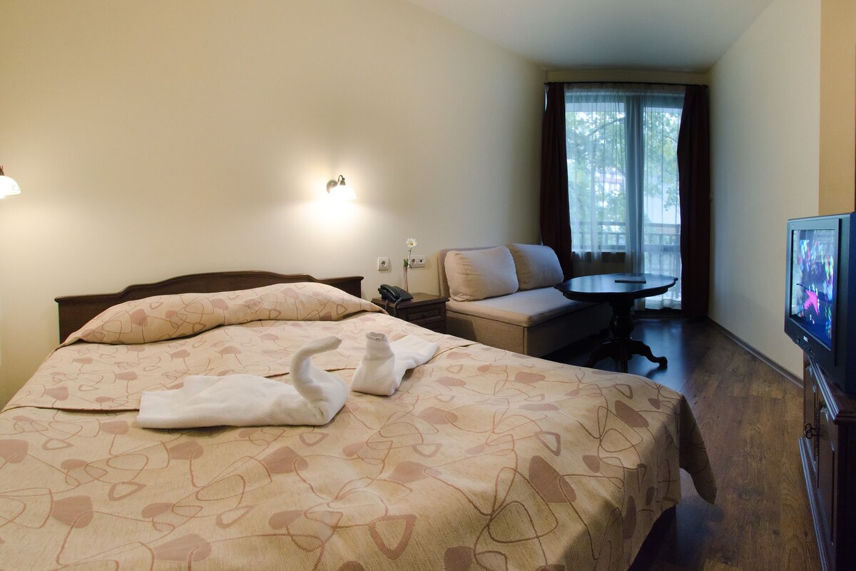 Une chambre d’hôtel avec un lit, un canapé, une télévision et une fenêtre avec des rideaux.