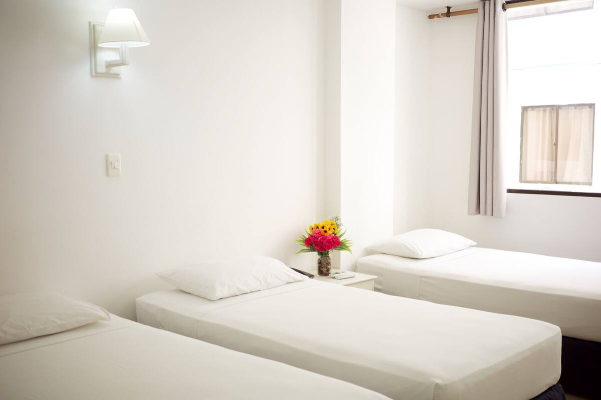 A hotel room with two single beds, a nightstand with a vase of flowers, a wall-mounted lamp, and a window with curtains.