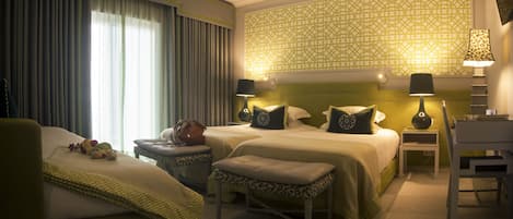 Down duvets, desk, blackout curtains, soundproofing