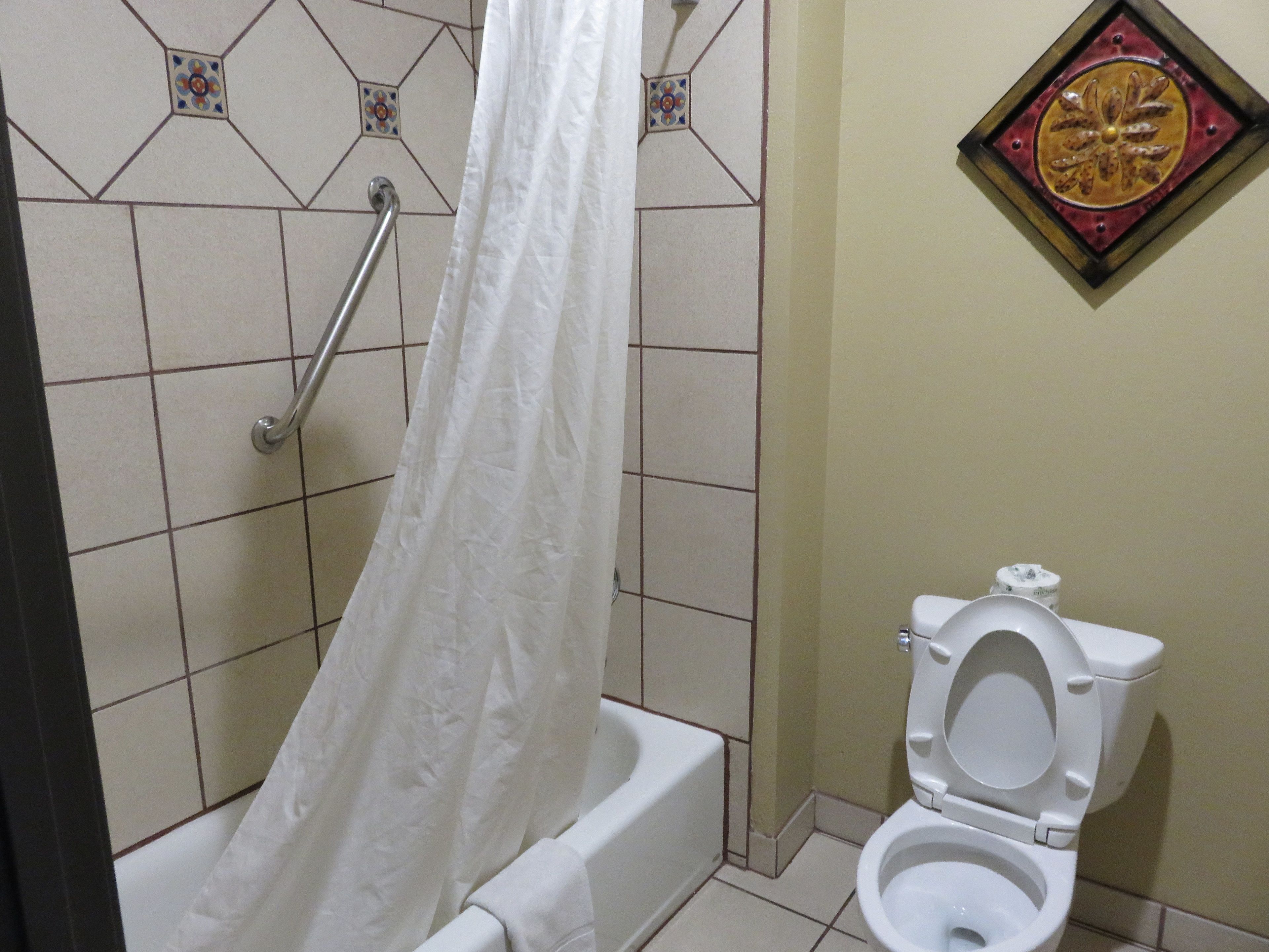 combined shower/bathtub, hydromassage showerhead, free toiletries