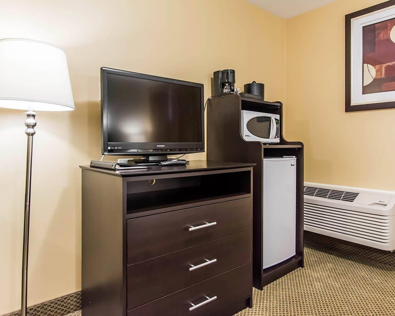Habitación de hotel con televisor de pantalla plana sobre un mueble, microondas, refrigerador pequeño y calentador portátil.