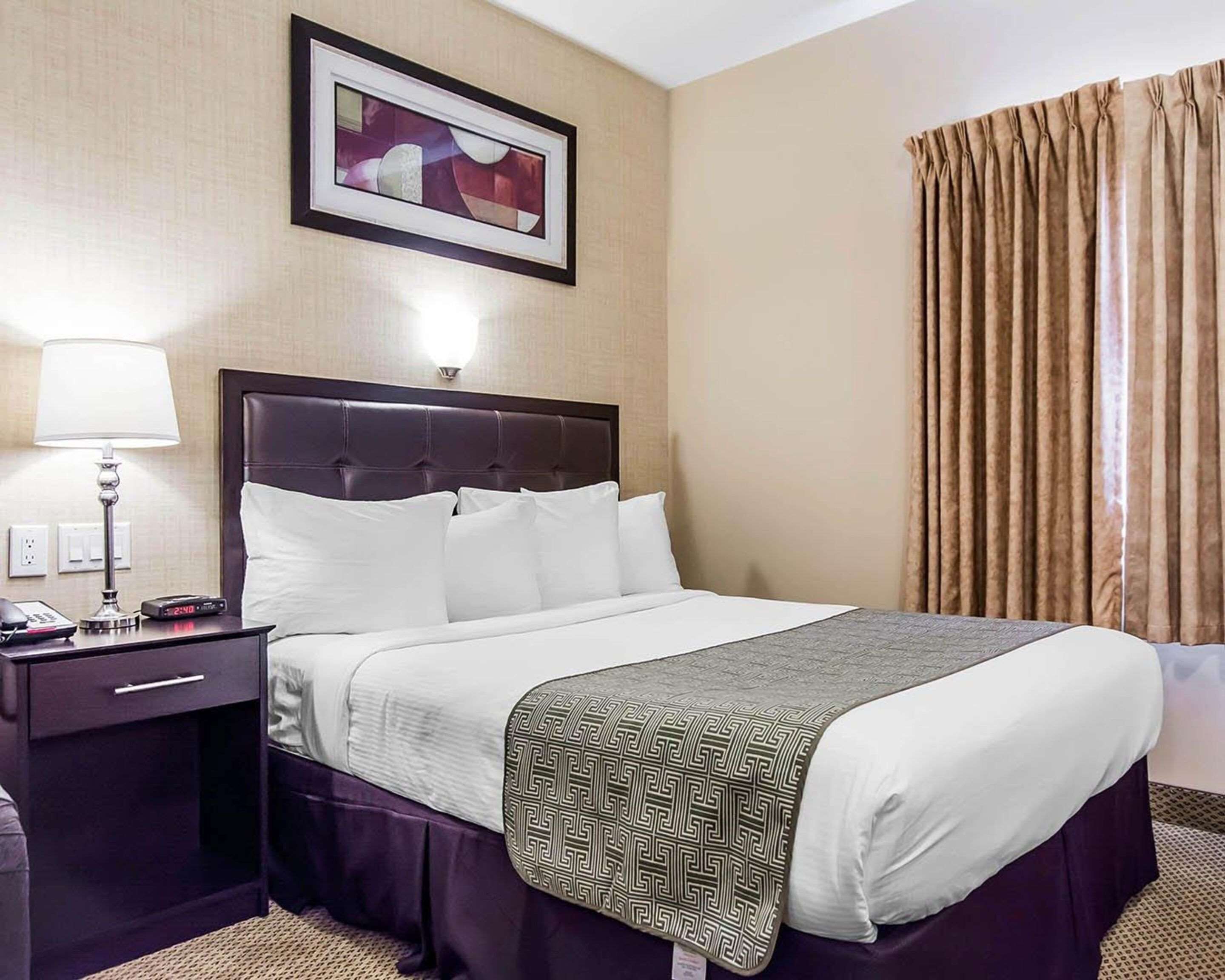 A hotel room with a large bed, a bedside table with a lamp, a framed picture on the wall, and a window with curtains.