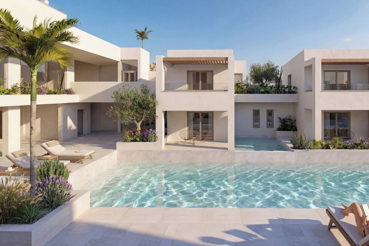 Un conjunt residencial modern amb una piscina central, múltiples balcons i zones d'estar a l'aire lliure.