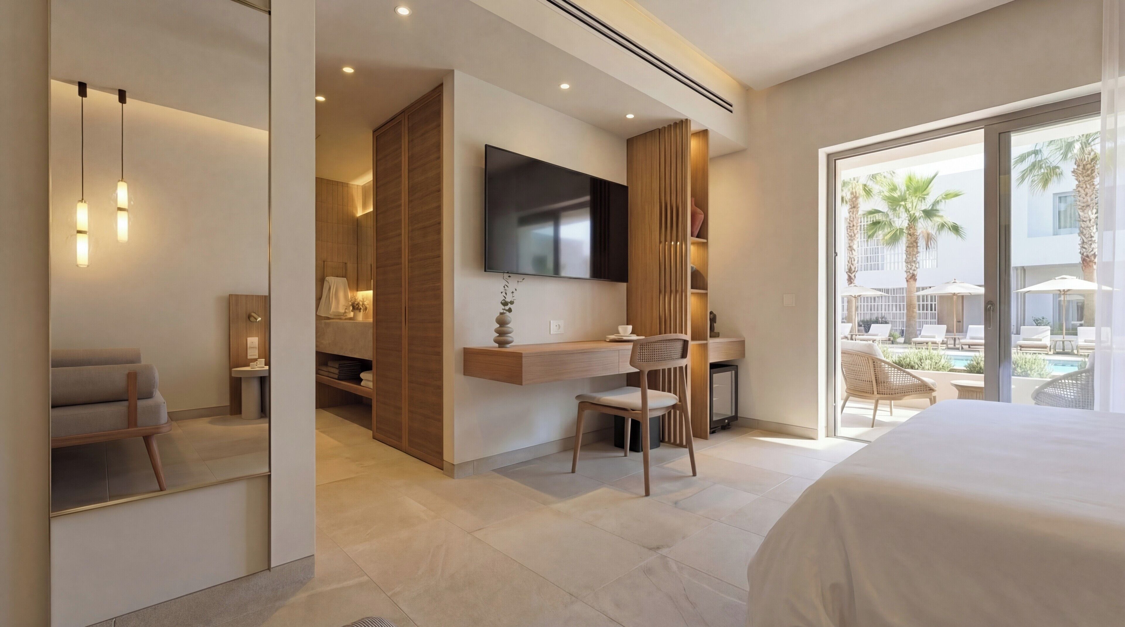 Une chambre d’hôtel moderne dotée d’un grand lit, d’un bureau avec une chaise, d’une télévision et offrant une vue sur la piscine et les palmiers à l’extérieur.