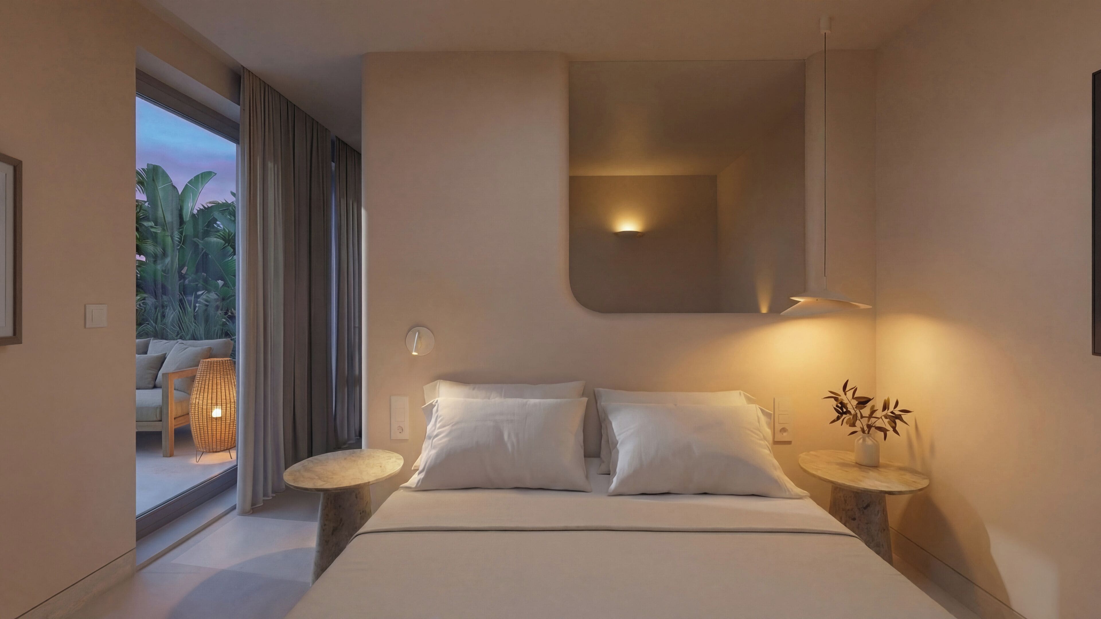 Ein modernes Schlafzimmer mit einem großen Bett, zwei Nachttischen, einer Wandleuchte und Blick auf einen Balkon mit Pflanzen.