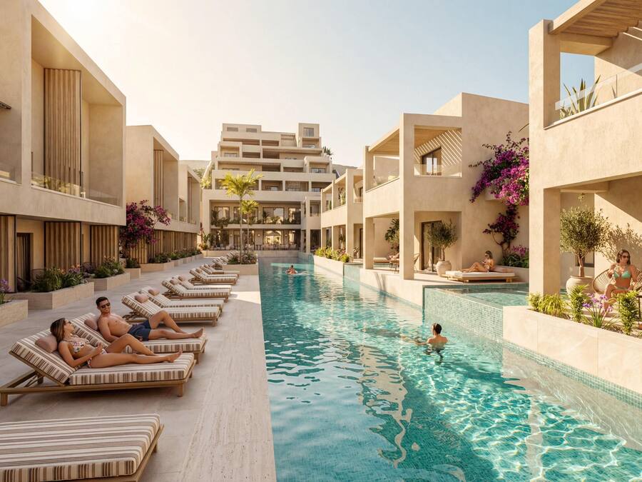 A modern resort with a central swimming pool, sun loungers, and a landscaped garden area.