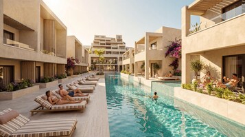 Un complexe hôtelier moderne doté d’une piscine centrale, de chaises longues et d’un jardin aménagé.