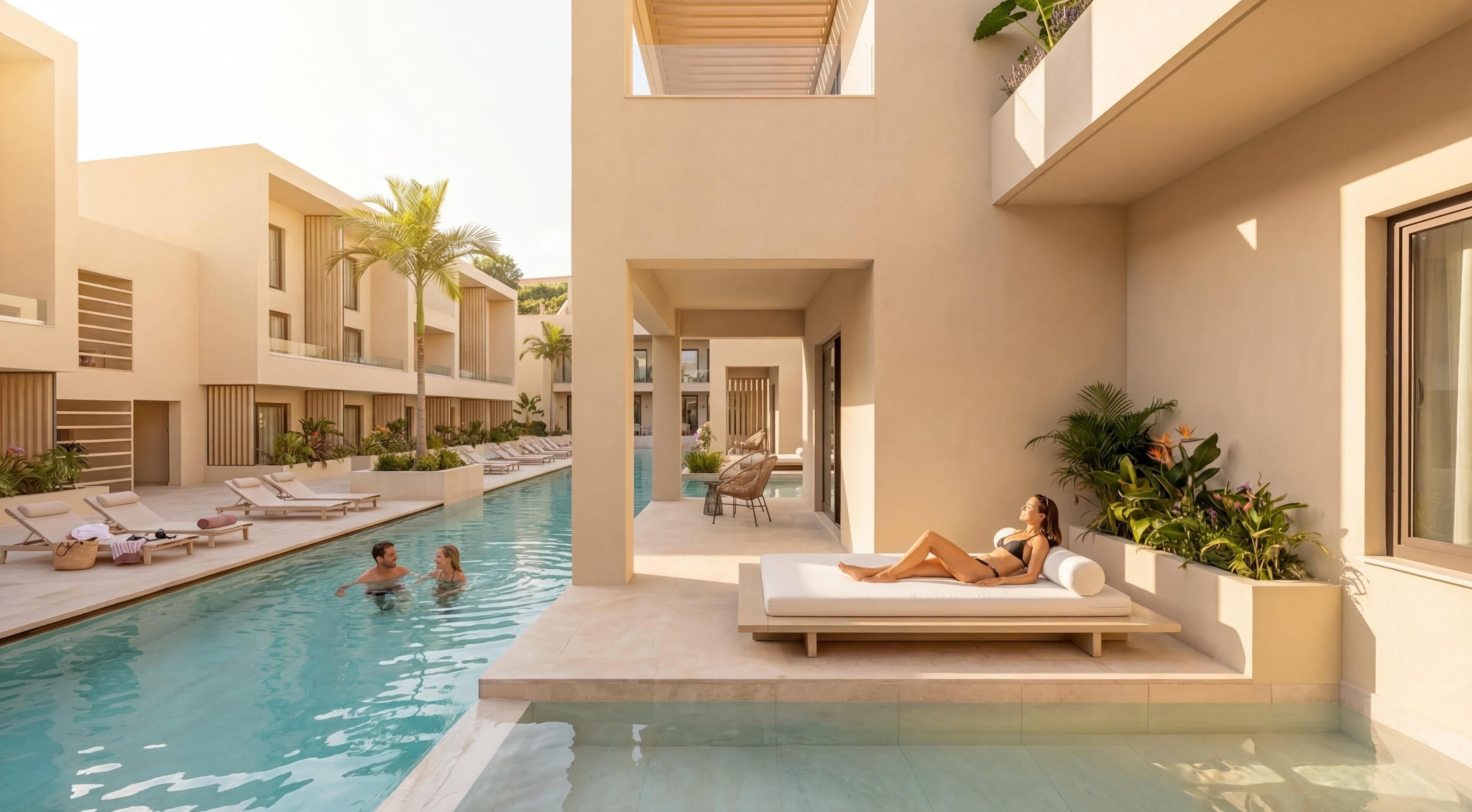 A modern resort with a swimming pool, lounge chairs, and a couple relaxing by the pool.