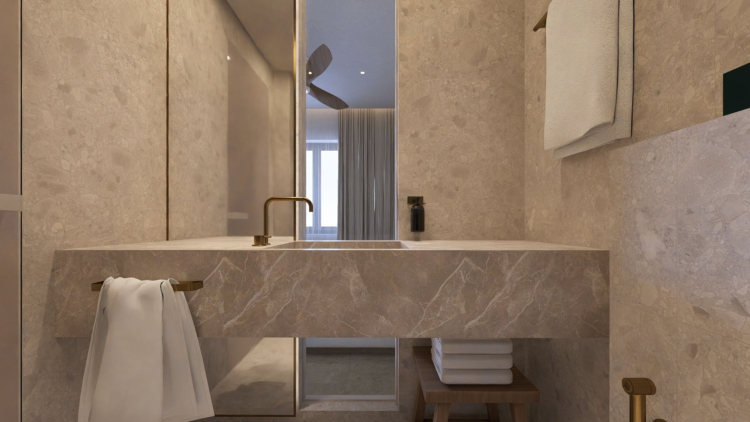 A modern bathroom with a large mirror, a marble sink, and a towel rack.