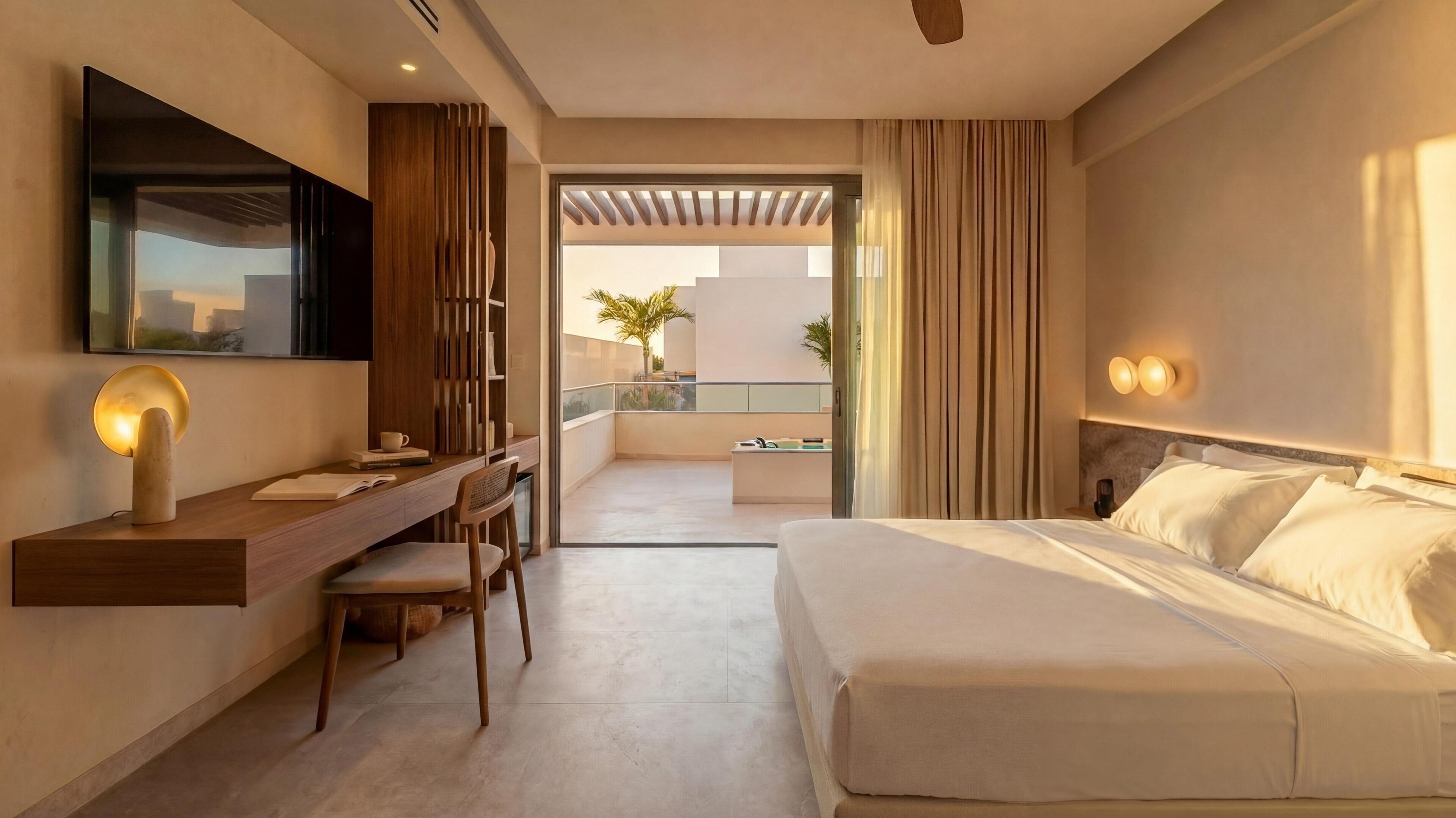Een moderne hotelkamer met een bed, bureau, stoel en uitzicht op het balkon.