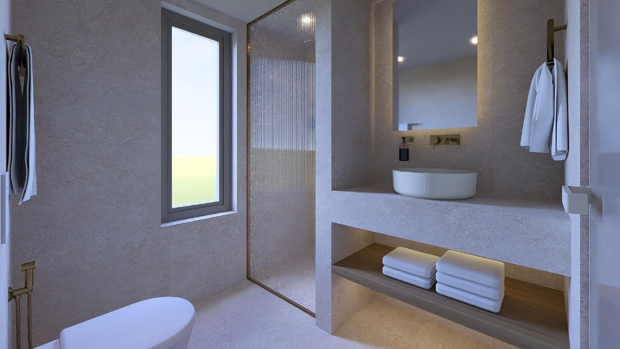Een moderne badkamer met een groot raam, een witte wastafel en een toilet.