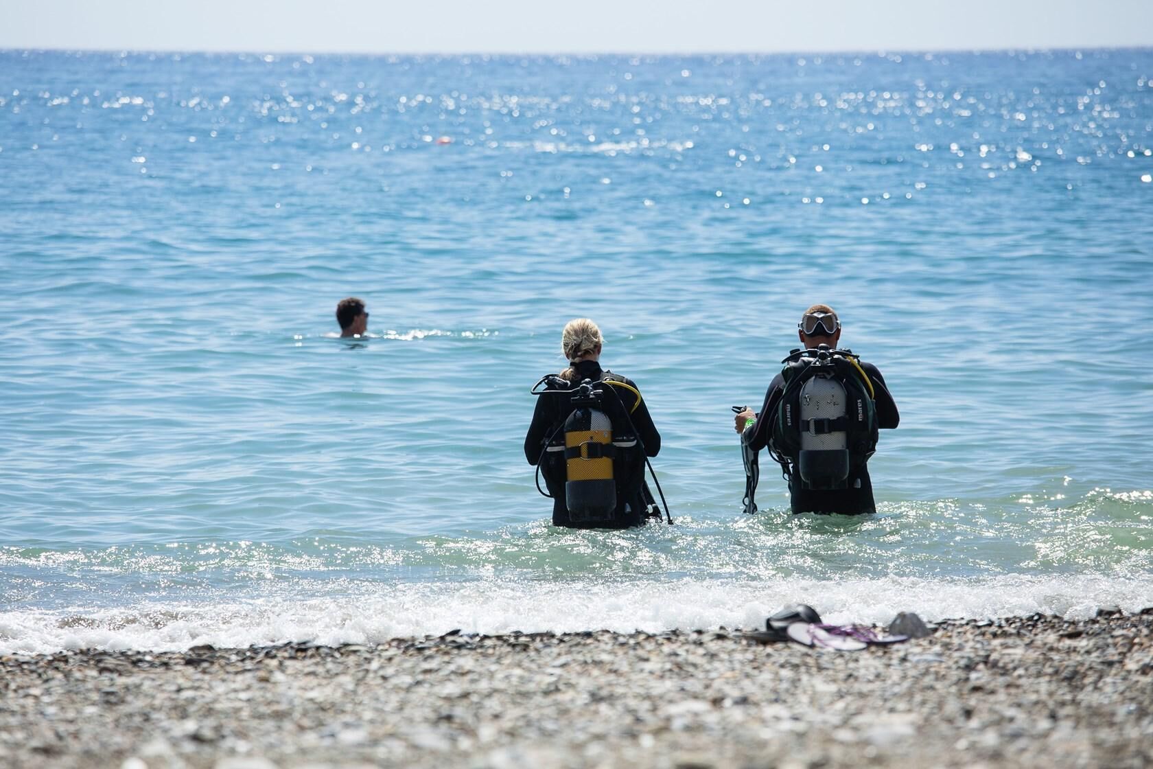 Two divers in the water with a rocky beach in the foreground.