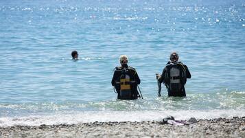 Two divers in the water with a rocky beach in the foreground.