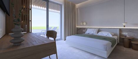 Ein modernes Hotelzimmer mit einem großen Bett, einem Holztisch und einem Balkon mit Blick.