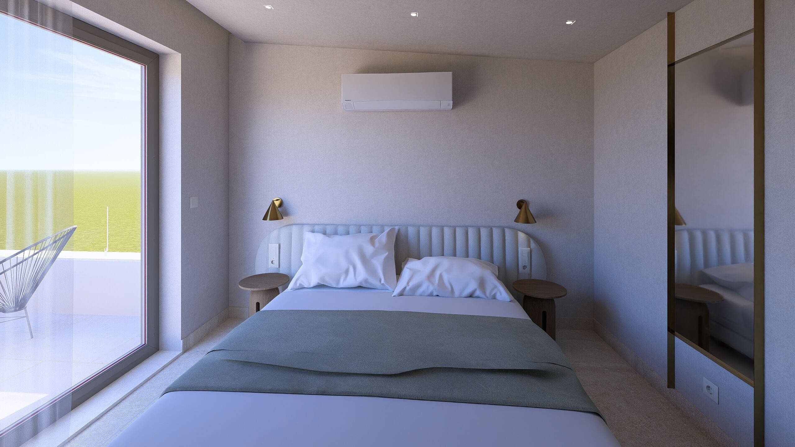 A modern bedroom with a large bed, bedside tables, a wall-mounted air conditioner, and a view of the outdoors.