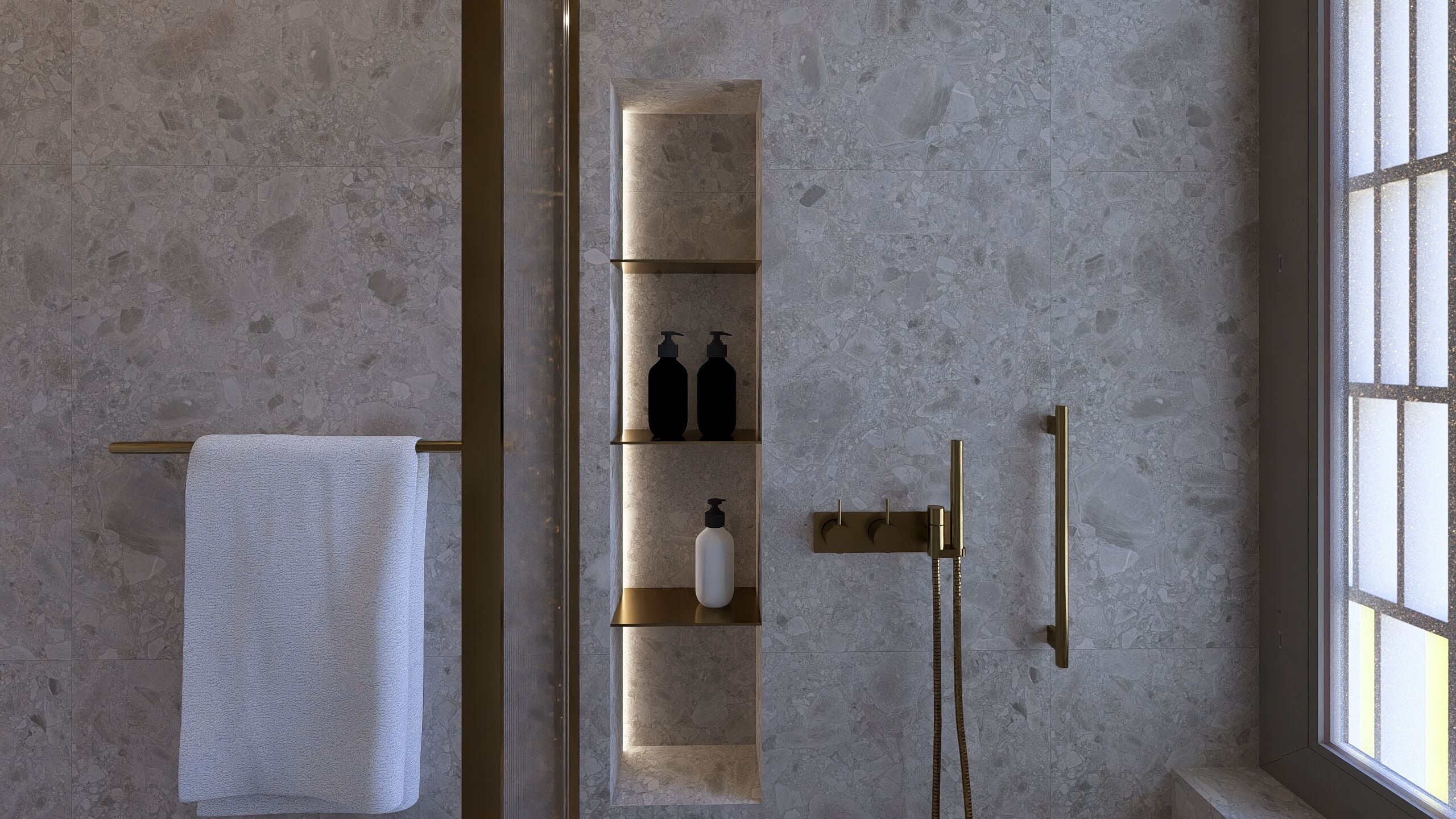 A bathroom with a large window, a towel rack, a shower with a gold handle, and a shelf with toiletries.
