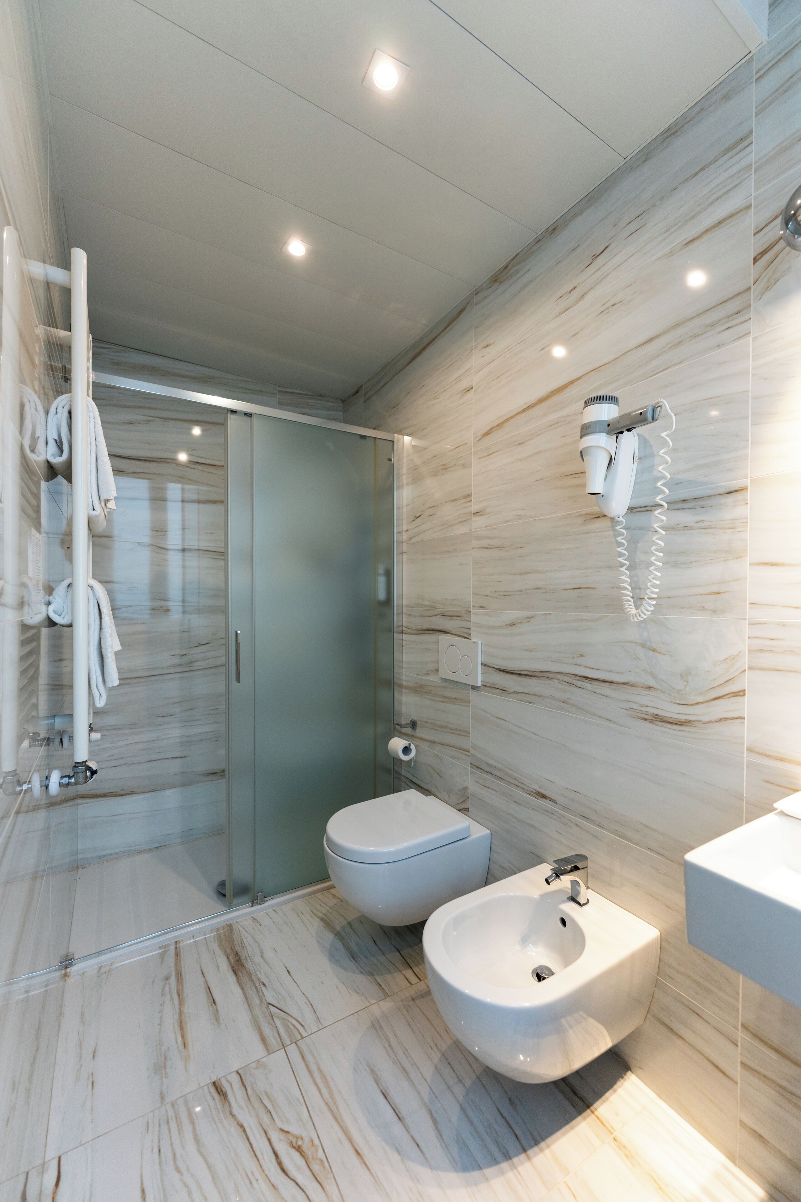 A modern bathroom with a bidet, a glass shower enclosure, and a towel rack.