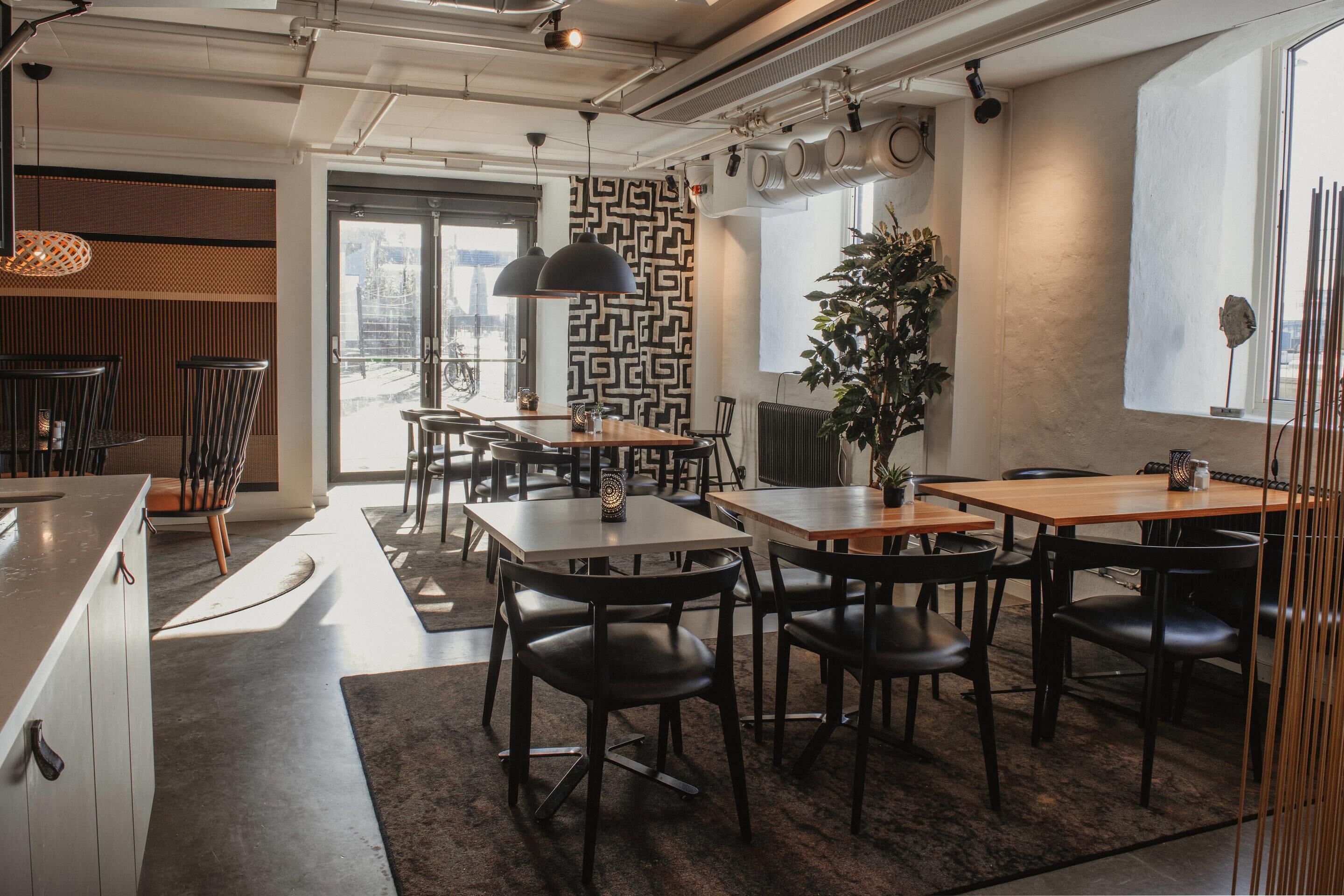 A modern dining area with multiple tables and chairs, a large potted plant, and a patterned wall.