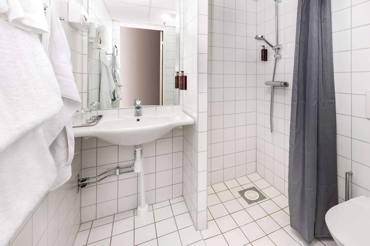 standard room, non smoking | bathroom | shower, hair dryer, towels