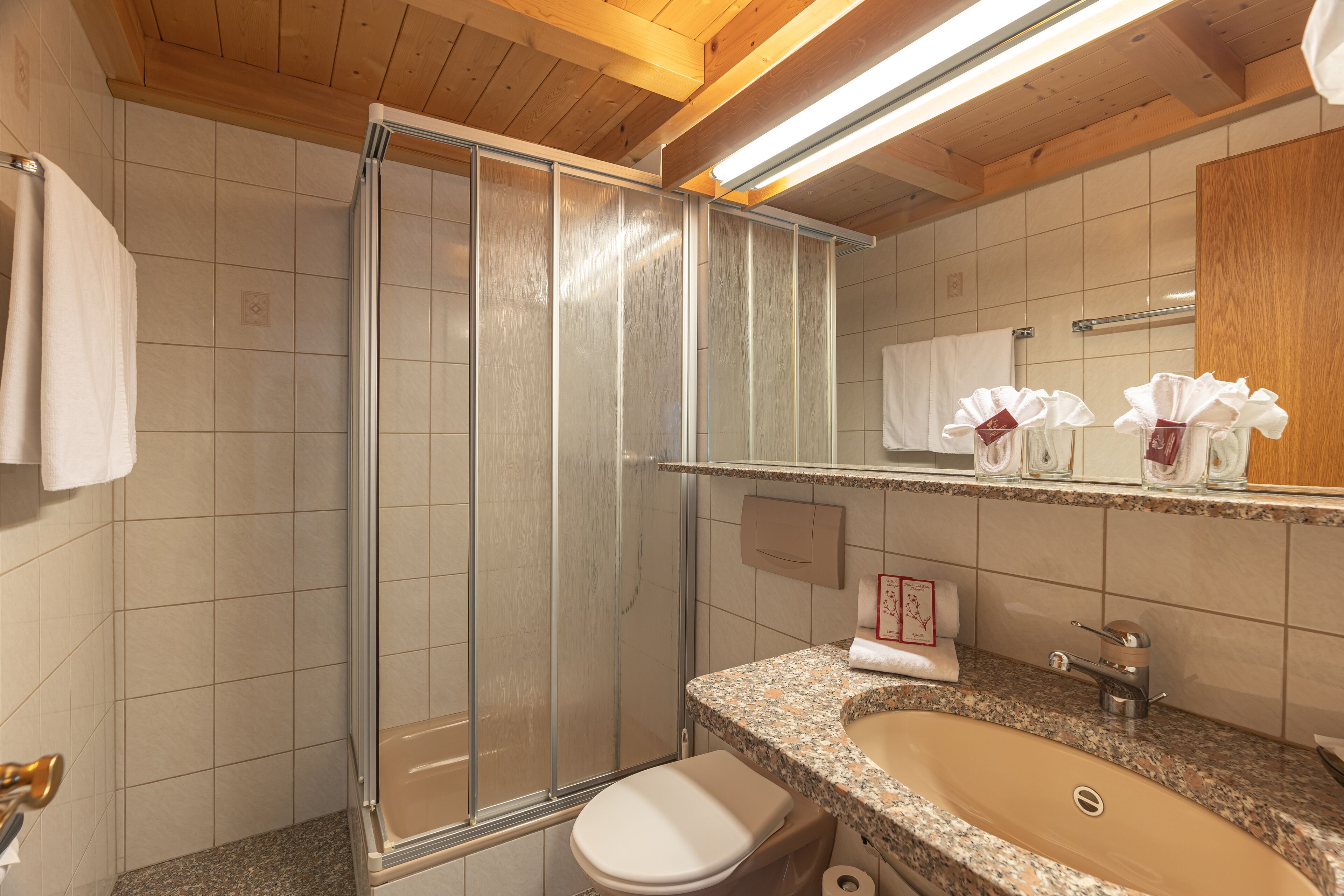 A bathroom with a glass shower enclosure, a sink, and a toilet.