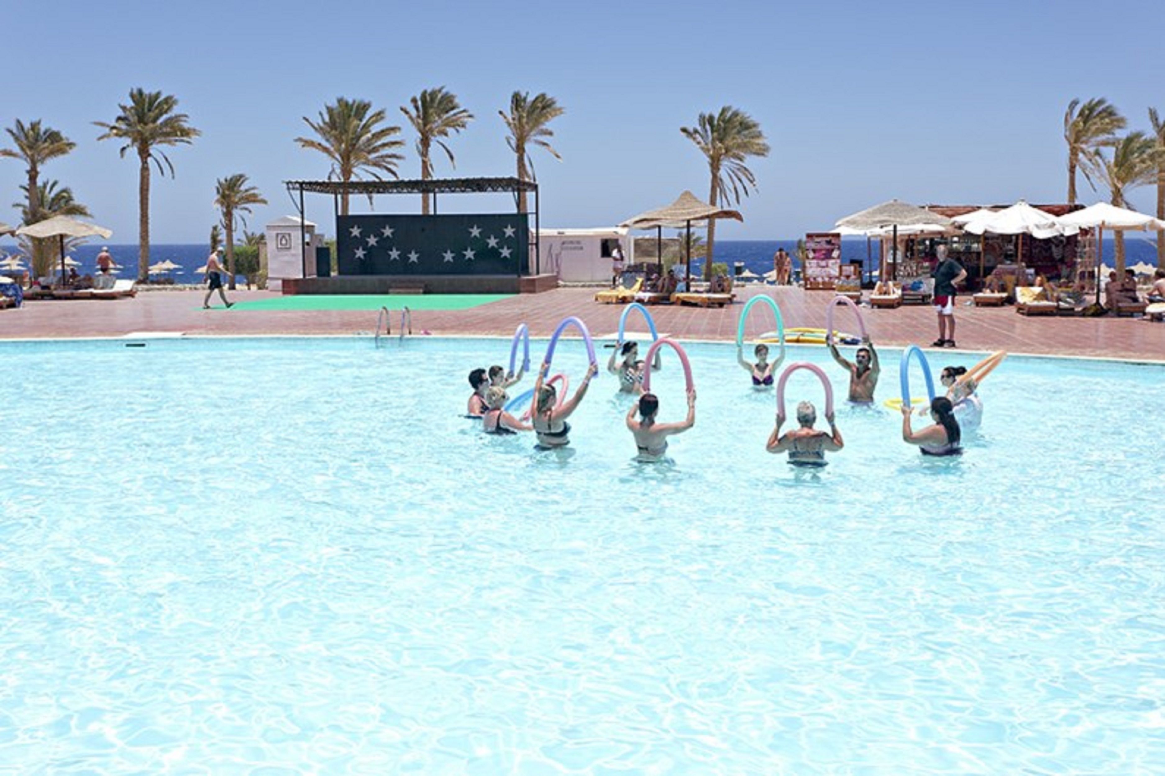 A swimming pool with people holding colorful rings, palm trees, and a beach in the background.