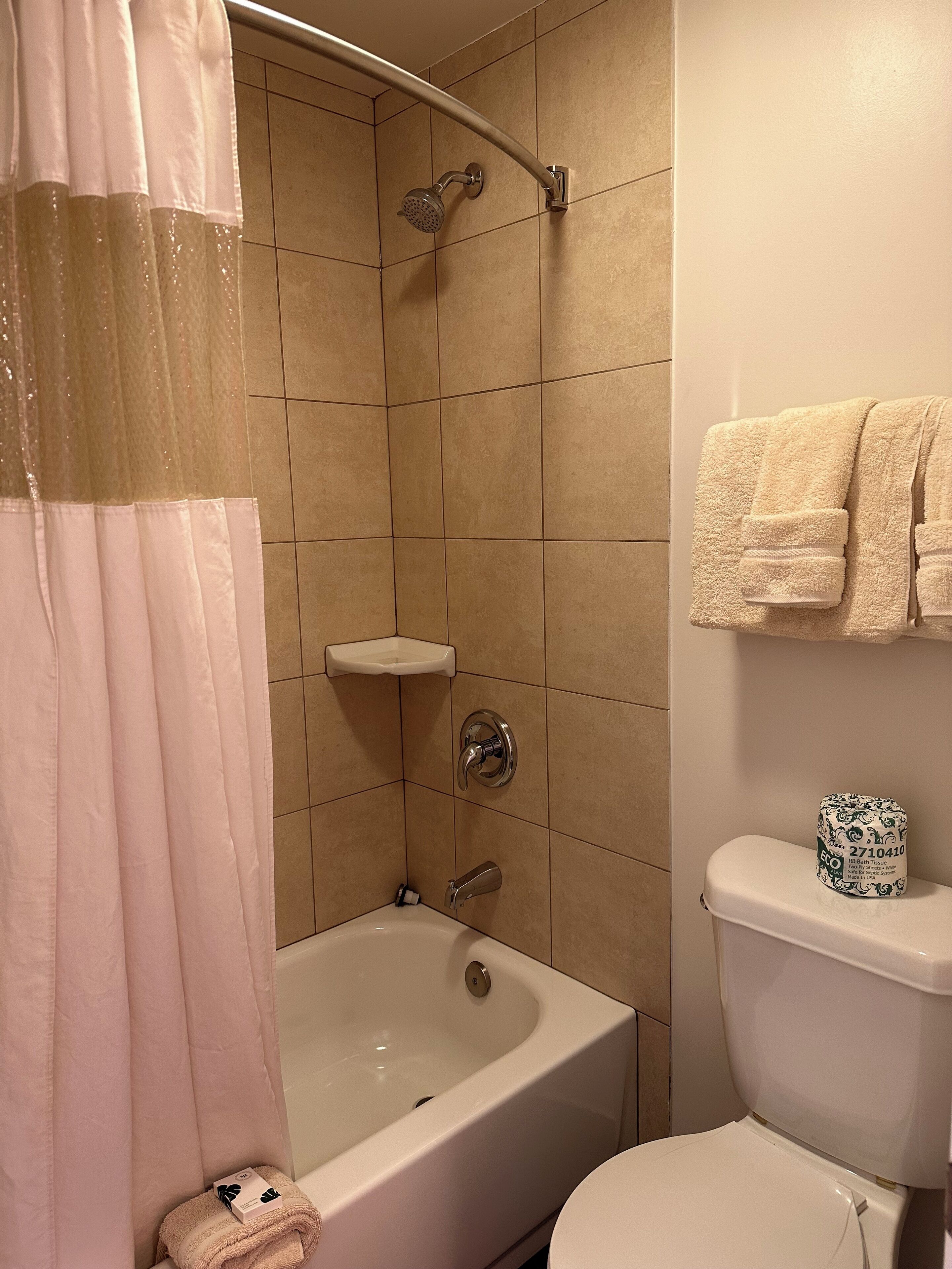 A bathroom with a bathtub, shower, toilet, and a shelf with a roll of toilet paper.