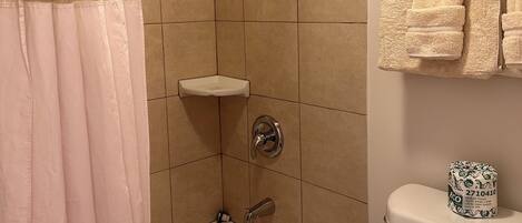 A bathroom with a bathtub, shower, toilet, and a shelf with a roll of toilet paper.