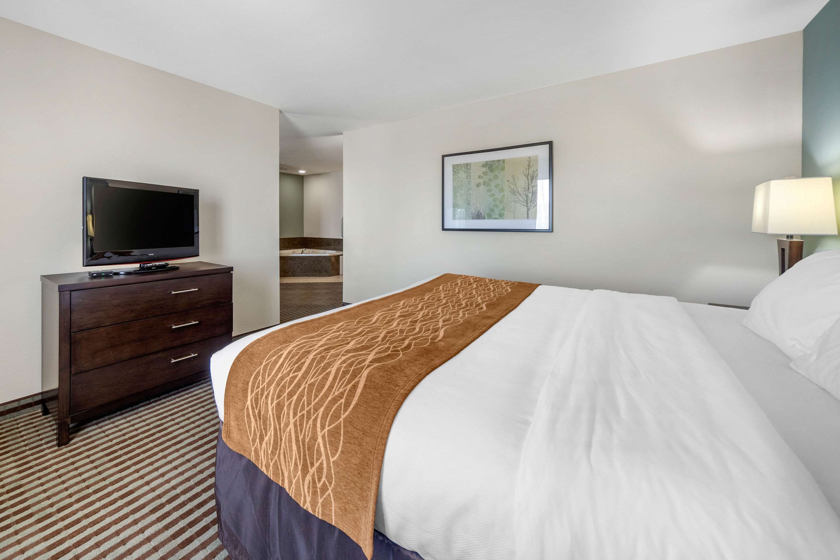 Habitación de hotel con una cama, un televisor sobre una cómoda, un baño al fondo y un cuadro en la pared.