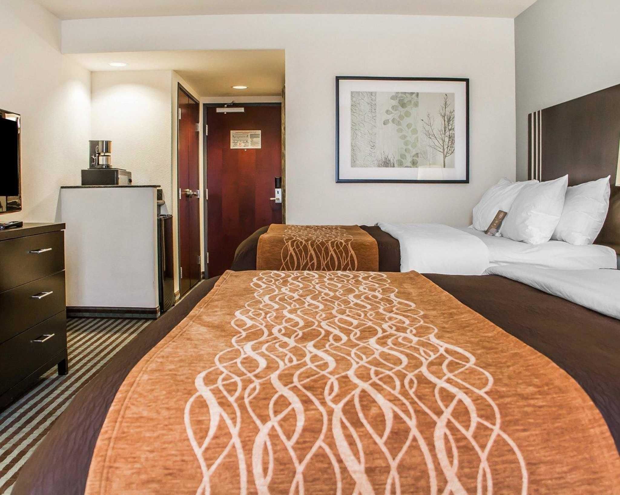A hotel room with a bed, a dresser, a television, and a framed picture on the wall.