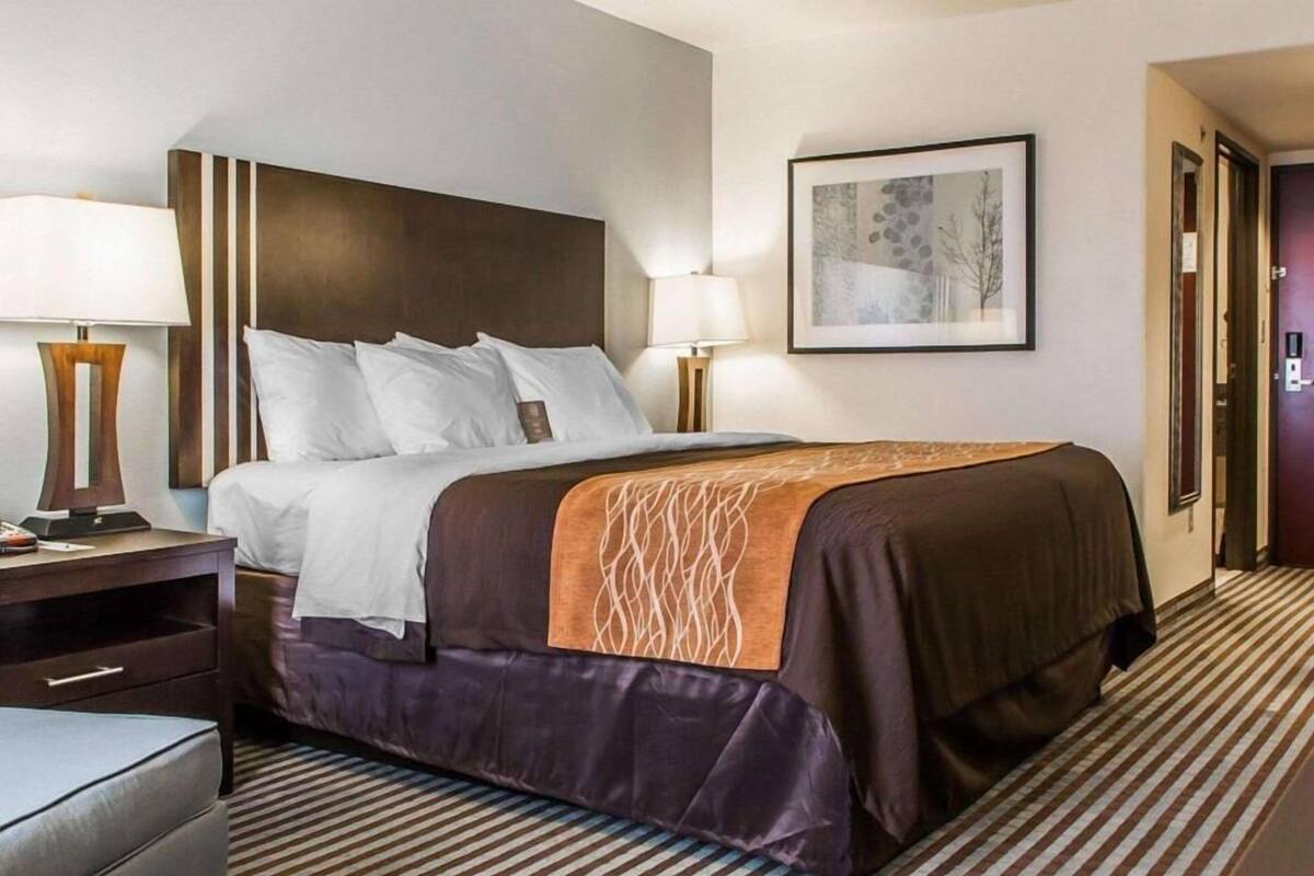 Ein Hotelzimmer mit Bett, Nachttischen, Schreibtisch, Stuhl, einem gerahmten Bild an der Wand und einem Streifenmuster-Teppich.