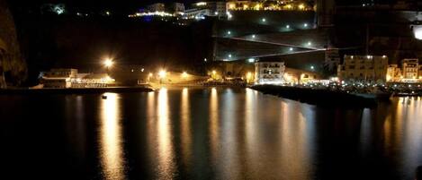 A coastal town at night with illuminated buildings and a calm sea.