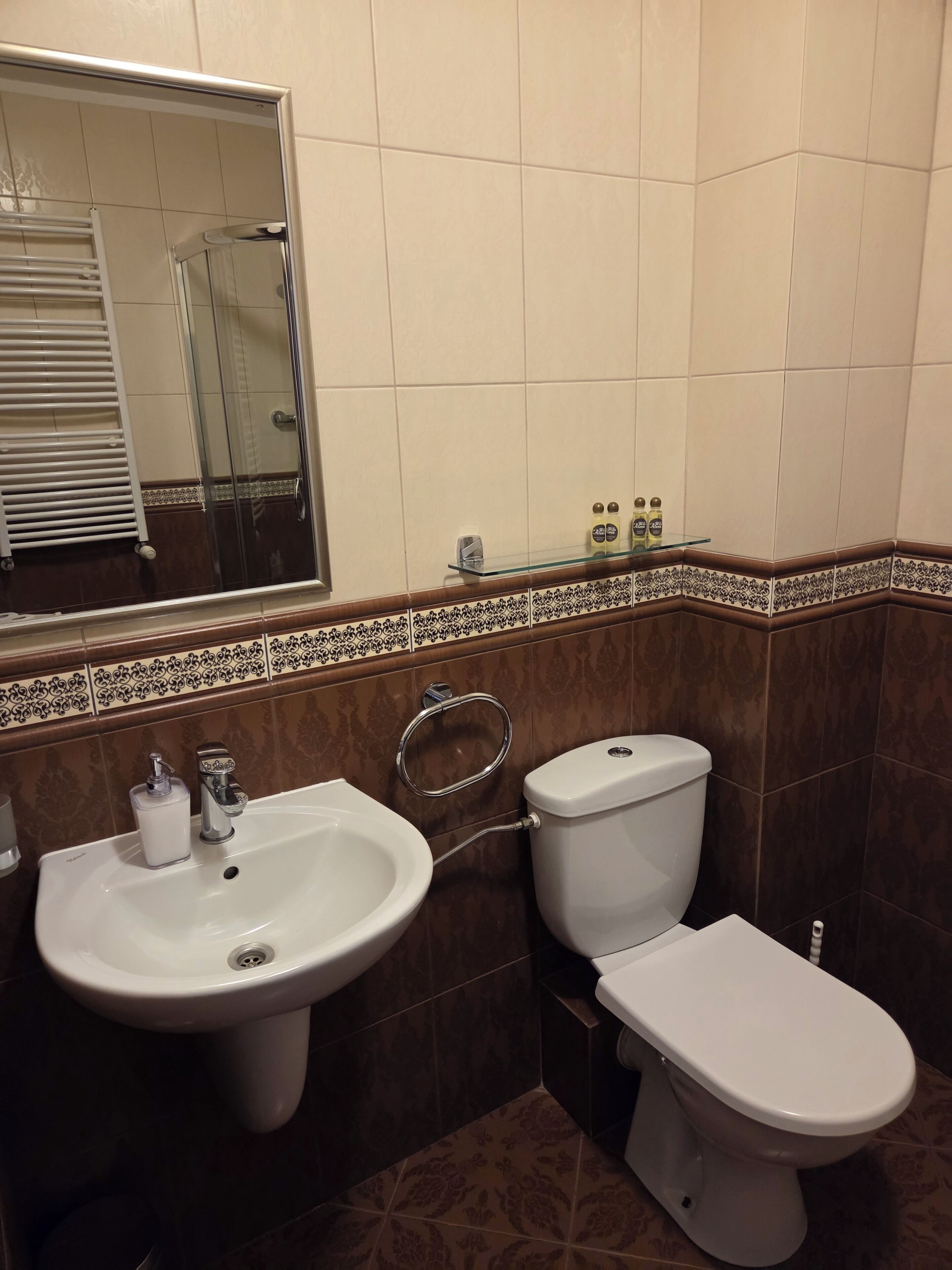 A bathroom with a sink, toilet, and a glass shower enclosure.