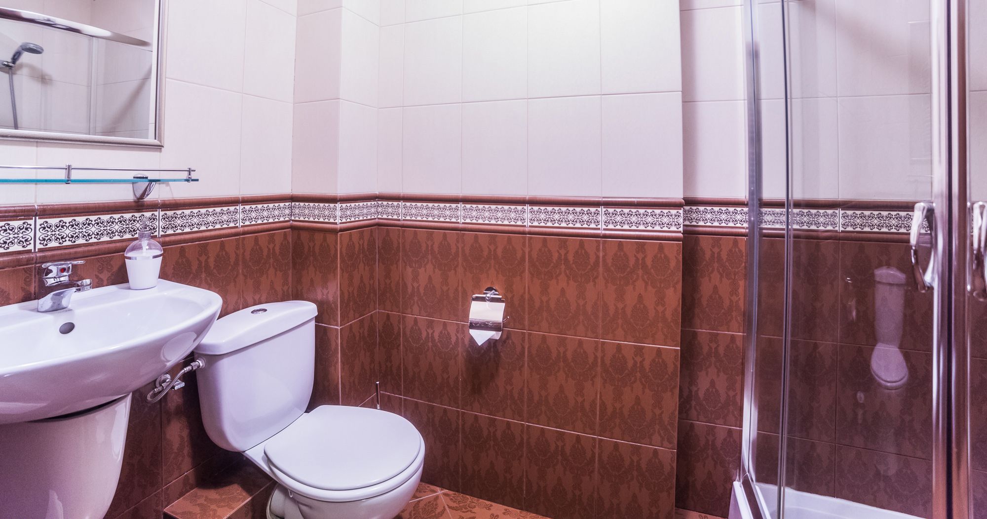 Un baño con inodoro, lavabo y ducha.