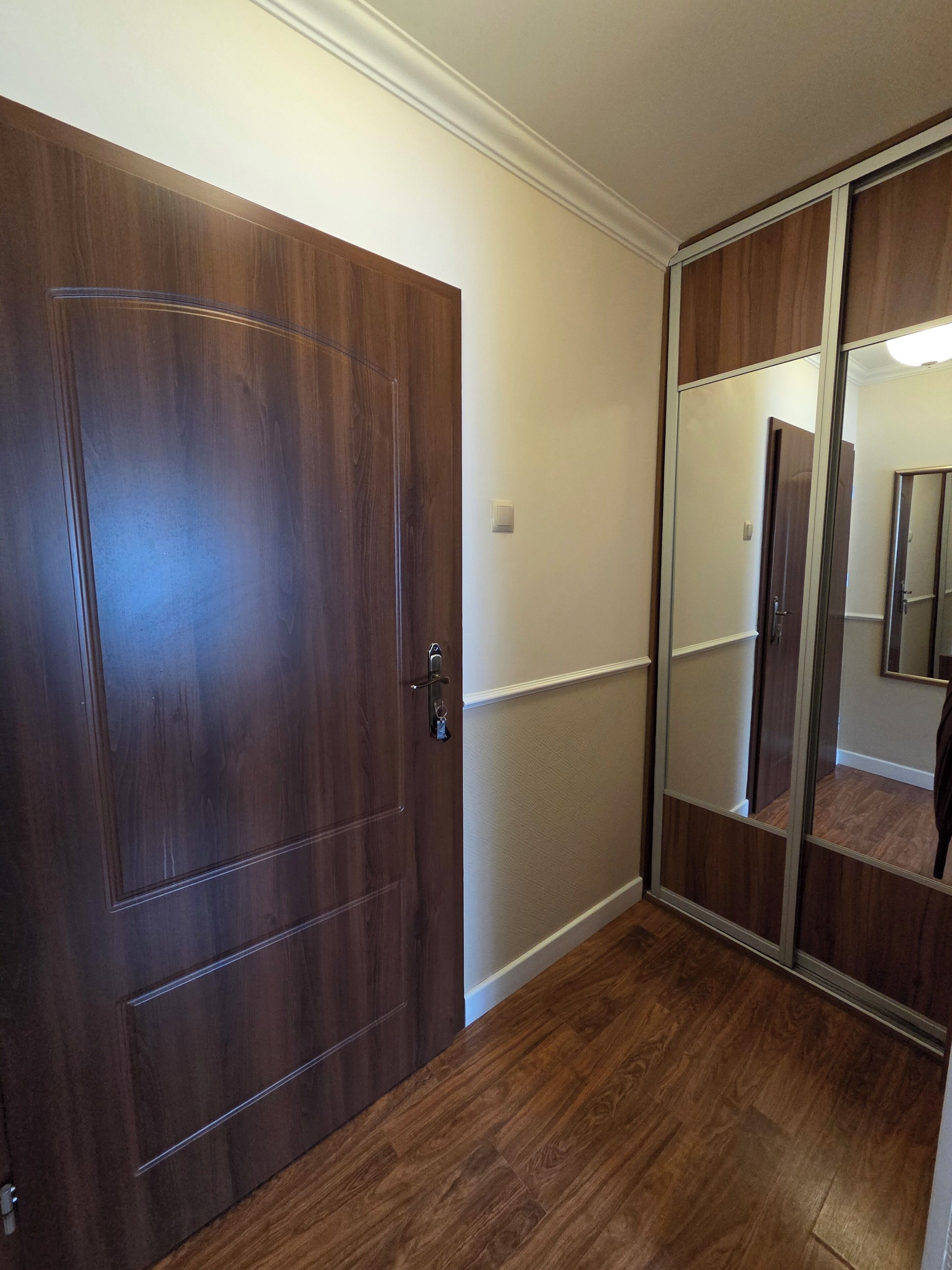 A hallway with a wooden door and a mirrored closet door.