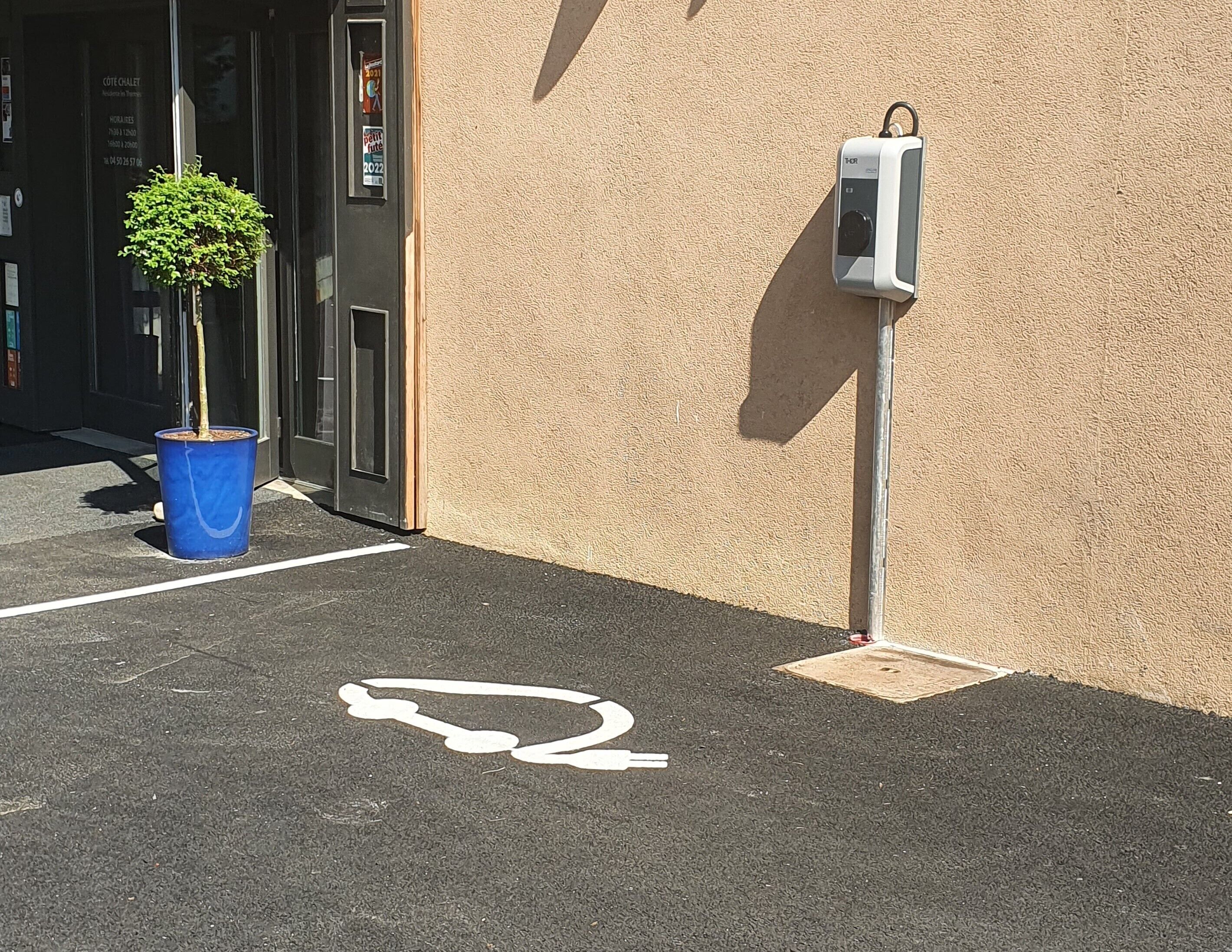 Un espacio de estacionamiento señalado con el símbolo de silla de ruedas, una jardinera azul con un árbol pequeño y una cámara de seguridad montada en una pared color beige.