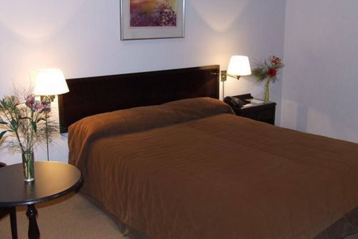 A neatly made bed with a brown cover, a bedside table with a lamp, and a framed picture on the wall.