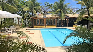 Outdoor pool, pool umbrellas, pool loungers