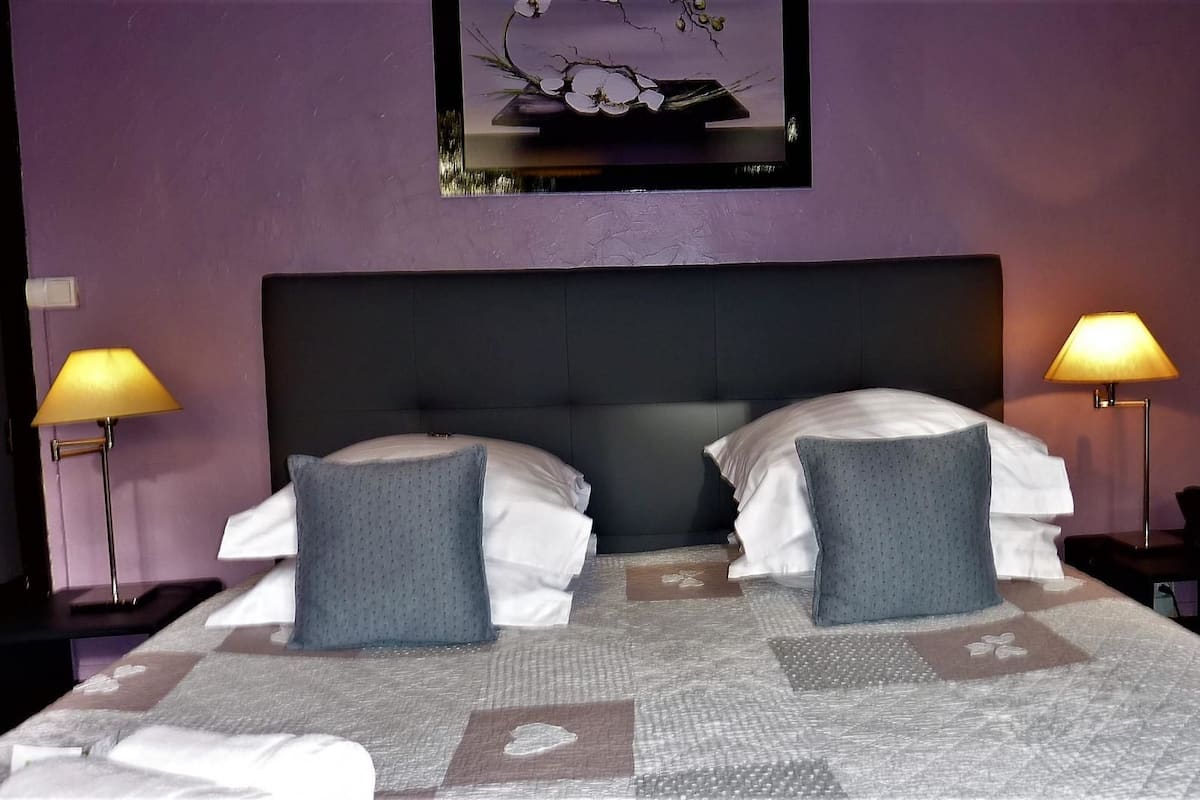 Una camera d'albergo con un letto grande, due cuscini, una testiera, due lampade da comodino e un quadro appeso al muro.