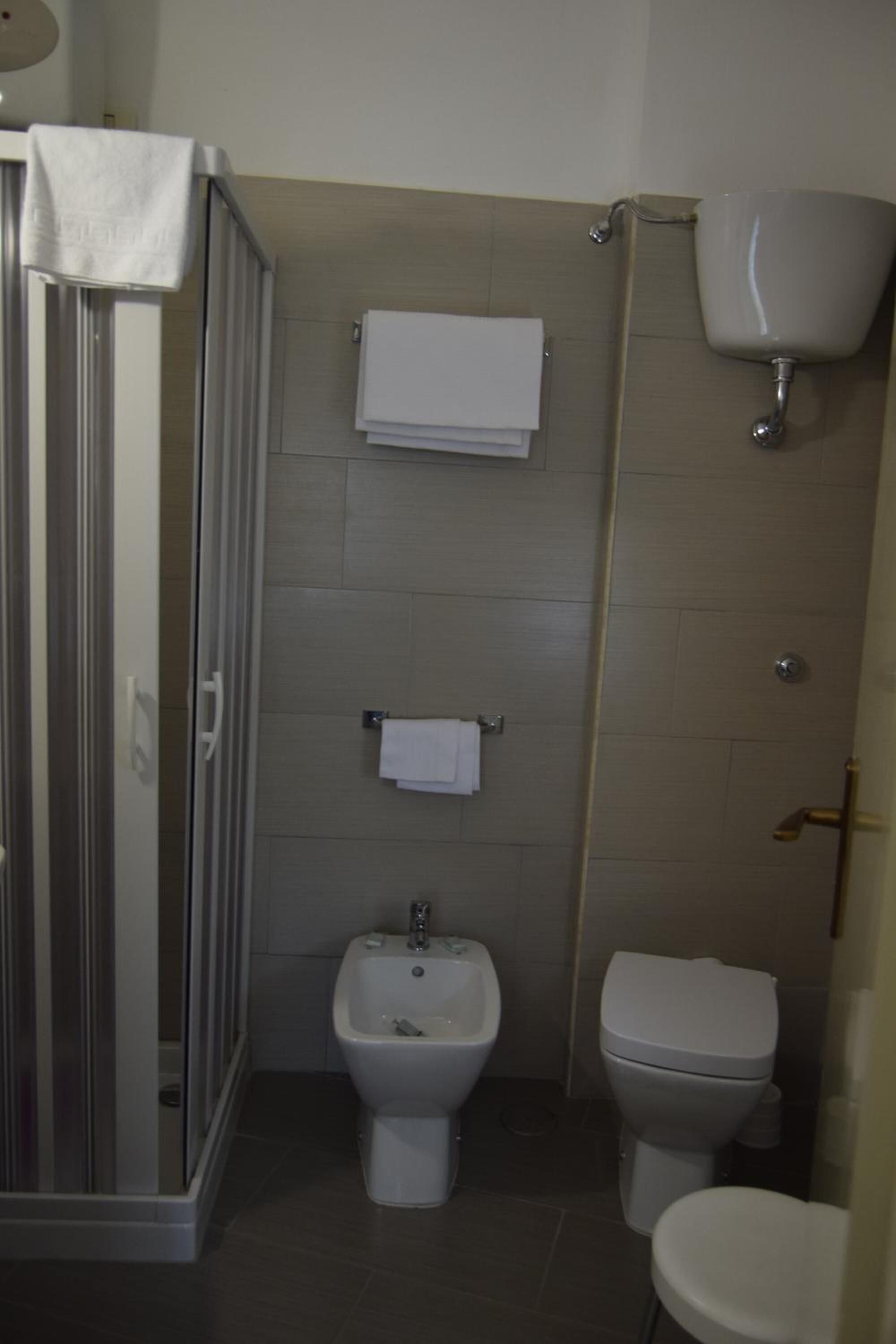 Un baño con ducha, bidé, inodoro y barras para toallas.