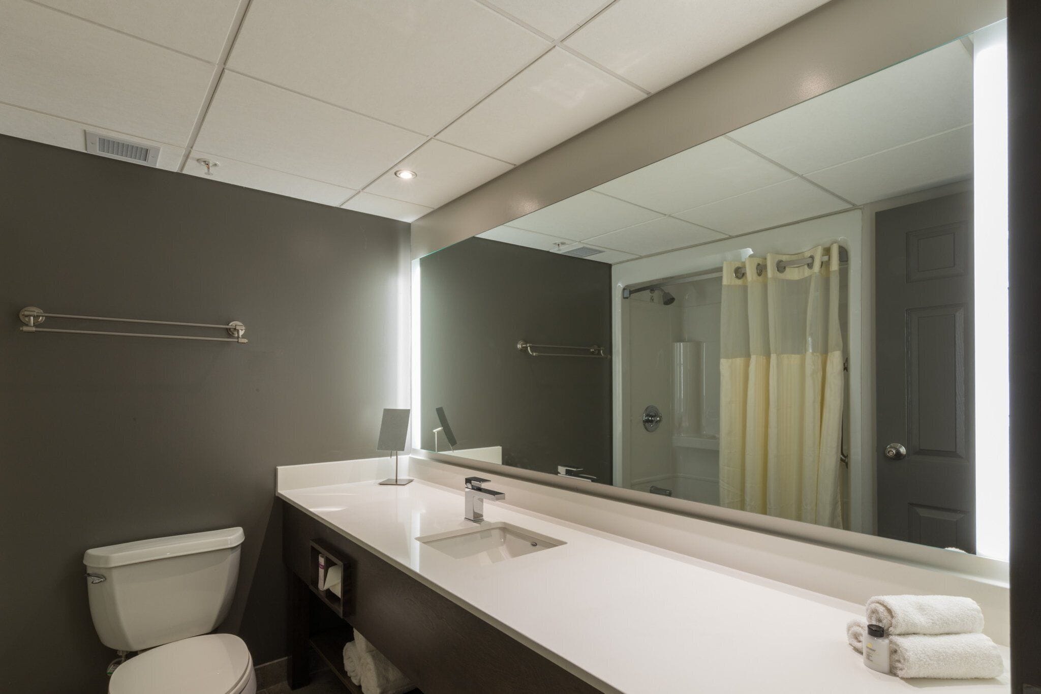 A modern bathroom with a large mirror, two sinks, a toilet, and a shower curtain.